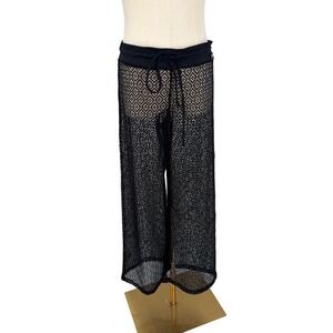 Swimsuit Cover Up Wide Leg Pants Womens M Black Mesh Crochet Drawstring Vacation